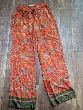 Women's Boho Floral Paisley Tie-Waist Wide-Leg Pants Small